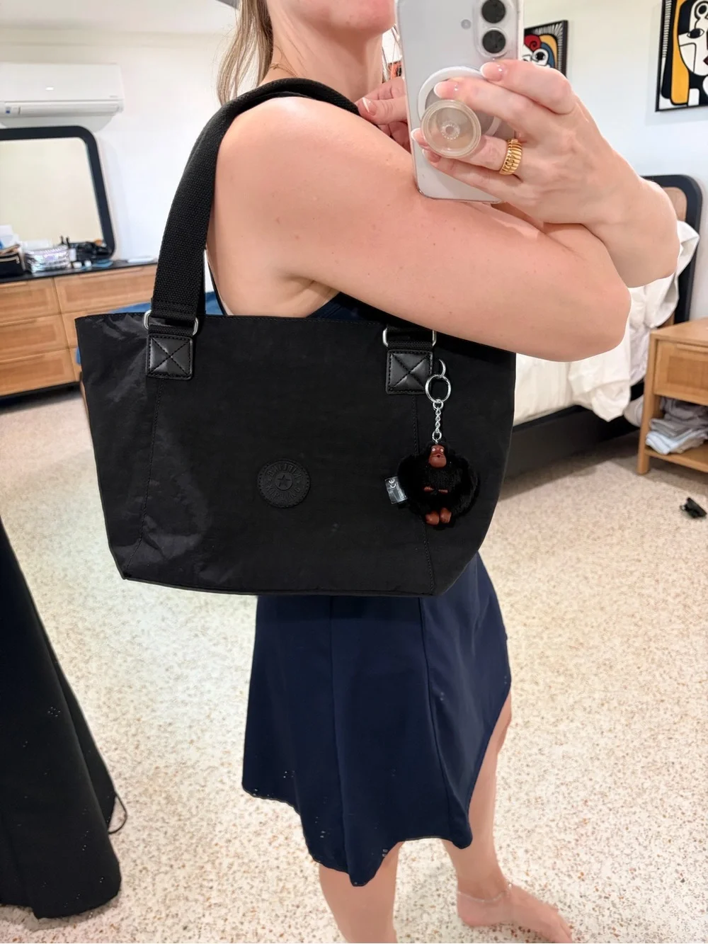 Kipling Black Nylon Shoulder Tote with Monkey Charm